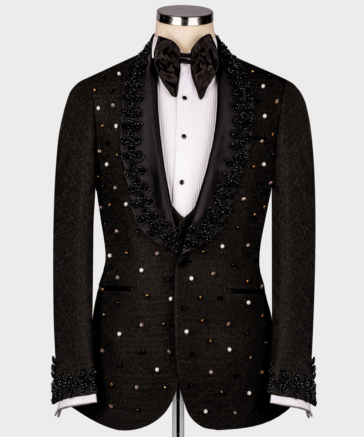 Valerio Milano Men's Black Crystal Jewelried Special Tuxedo Custom Design Vest Suit