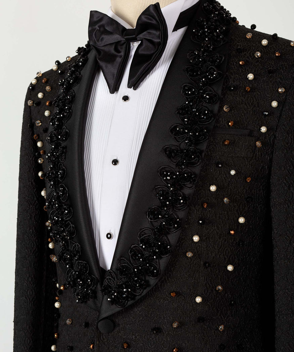 Valerio Milano Men's Black Crystal Jewelried Special Tuxedo Custom Design Vest Suit