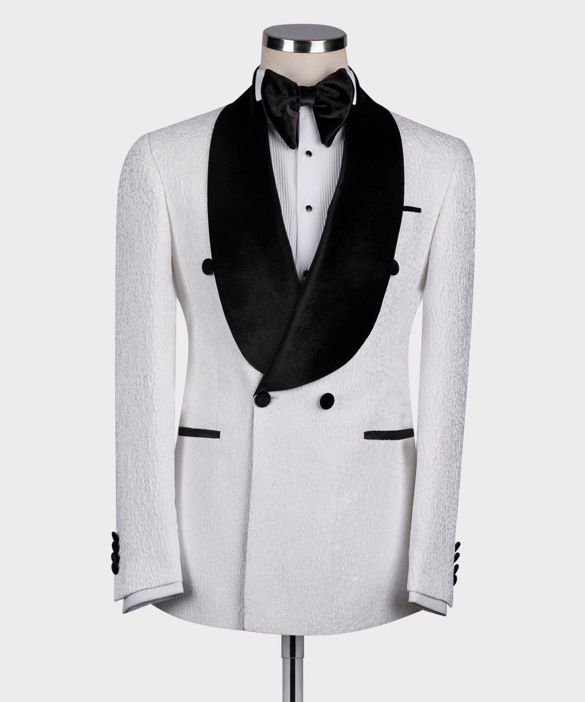 Valerio Milano Men's Black Velvet Collar White Patterned Tuxedo Double Breasted Straight leg Trousers