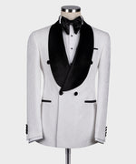 Valerio Milano Men's Black Velvet Collar White Patterned Tuxedo Double Breasted Straight leg Trousers