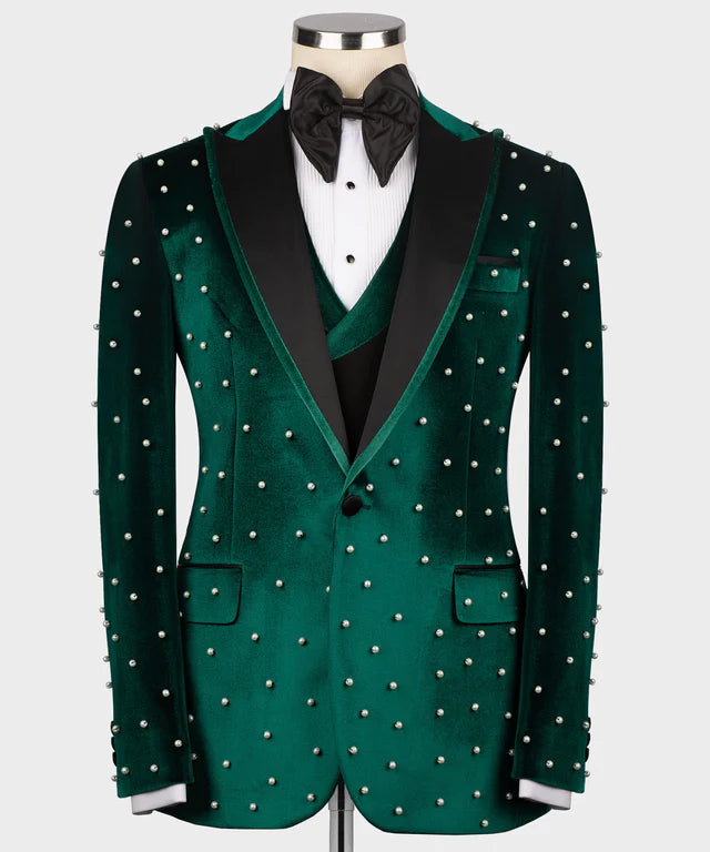 Valerio Milano Pearl Embroidered Green Velvet Tuxedo