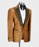 Valerio Milano Men's Silk & Wool Cracked Gold Pattern Custom Tuxedo One Button Vest Suit