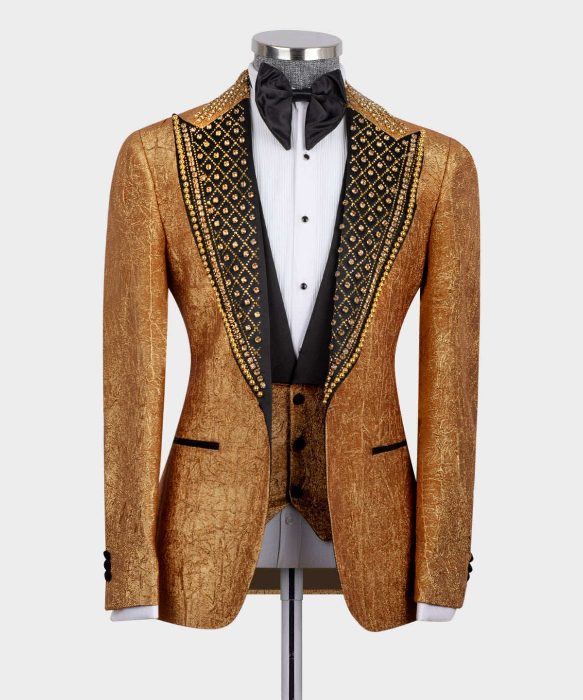 Valerio Milano Men's Silk & Wool Cracked Gold Pattern Custom Tuxedo One Button Vest Suit