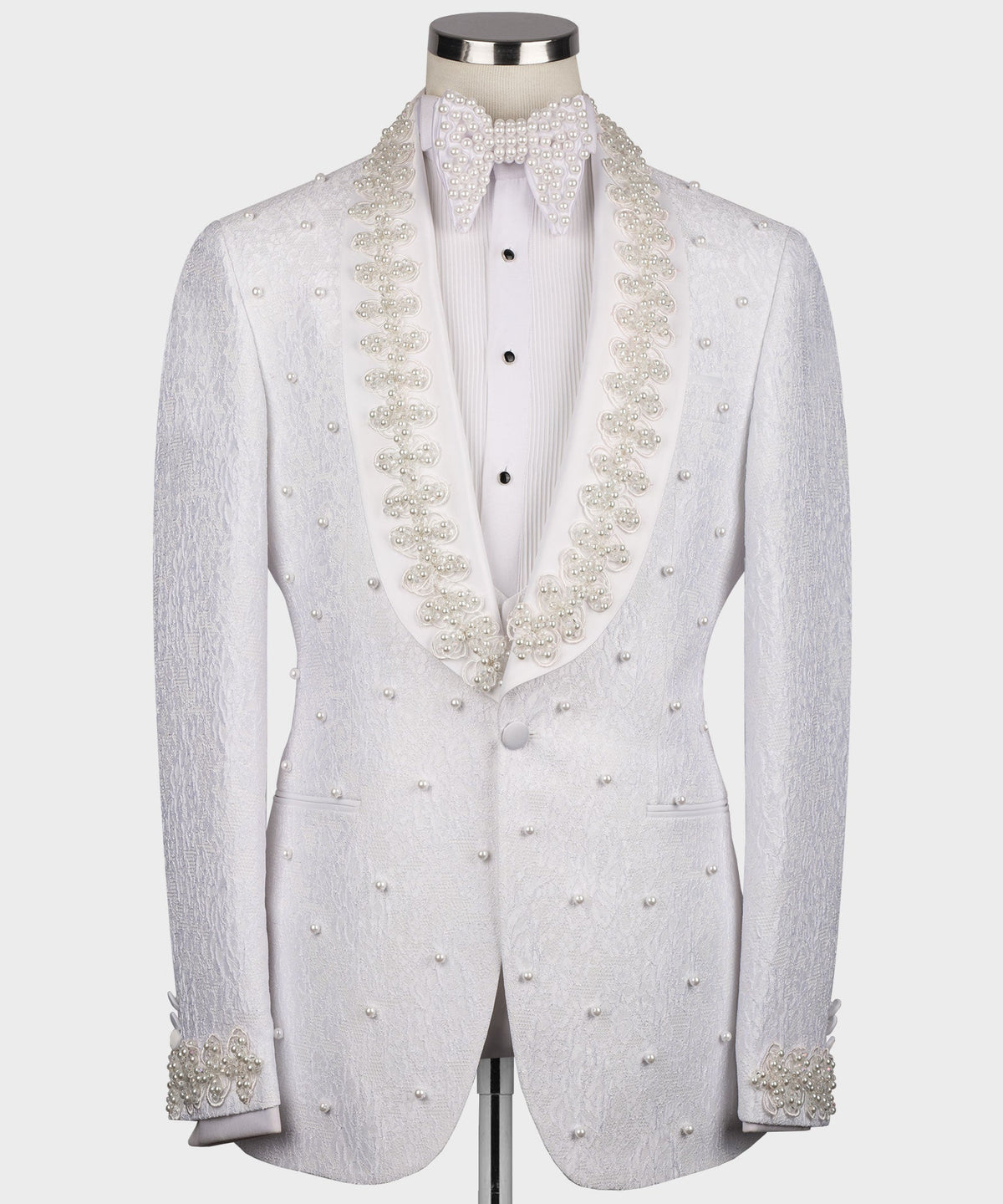 Valerio Milano Men's Pearl Embroidered White Tuxedo Front One Button Vest Suit