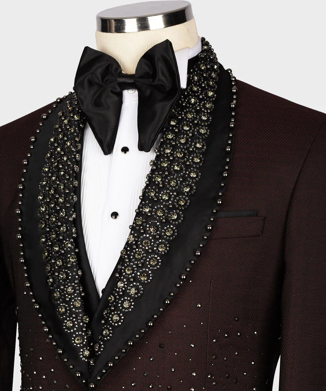 Valerio Milano Satin Lalaped Round Patterned Custom Burgundy Tuxedo