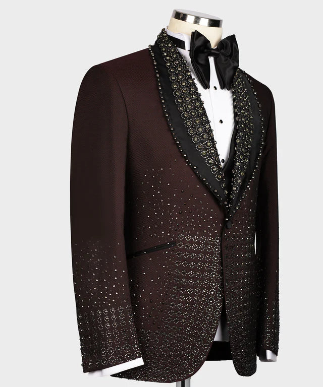 Valerio Milano Satin Lalaped Round Patterned Custom Burgundy Tuxedo