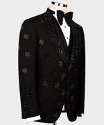 Valerio Milano Men's Black Stone Embroidered Italian Black Tuxedo Custom Desing Vest Suit