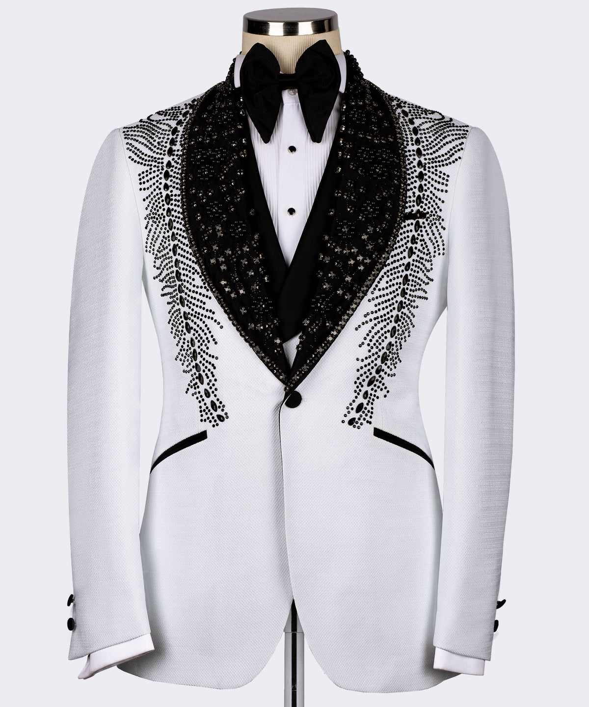 Valerio MilanoMen's White Feather Stencil Detailed Stone Embroidered Tuxedo Vest Suit