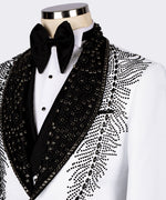 Valerio MilanoMen's White Feather Stencil Detailed Stone Embroidered Tuxedo Vest Suit