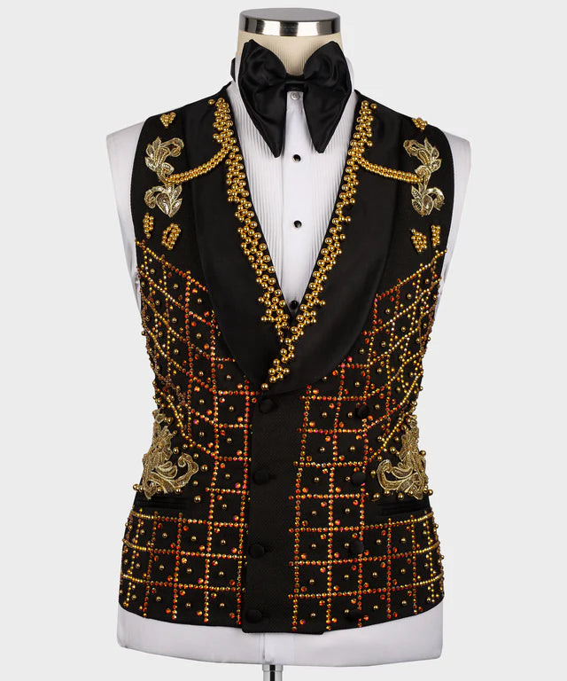 Valerio Milano 3-Piece Italian Men's Suit Crystal Stone Special Black Tuxedo Suit