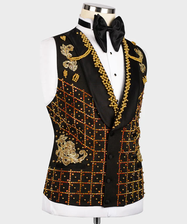 Valerio Milano 3-Piece Italian Men's Suit Crystal Stone Special Black Tuxedo Suit