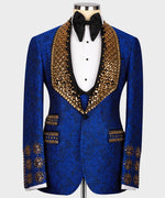 Valerio Milano Men's Gold Gem Stone Blue Special Tuxedo Front One Button W/ Waistcoat Trousers