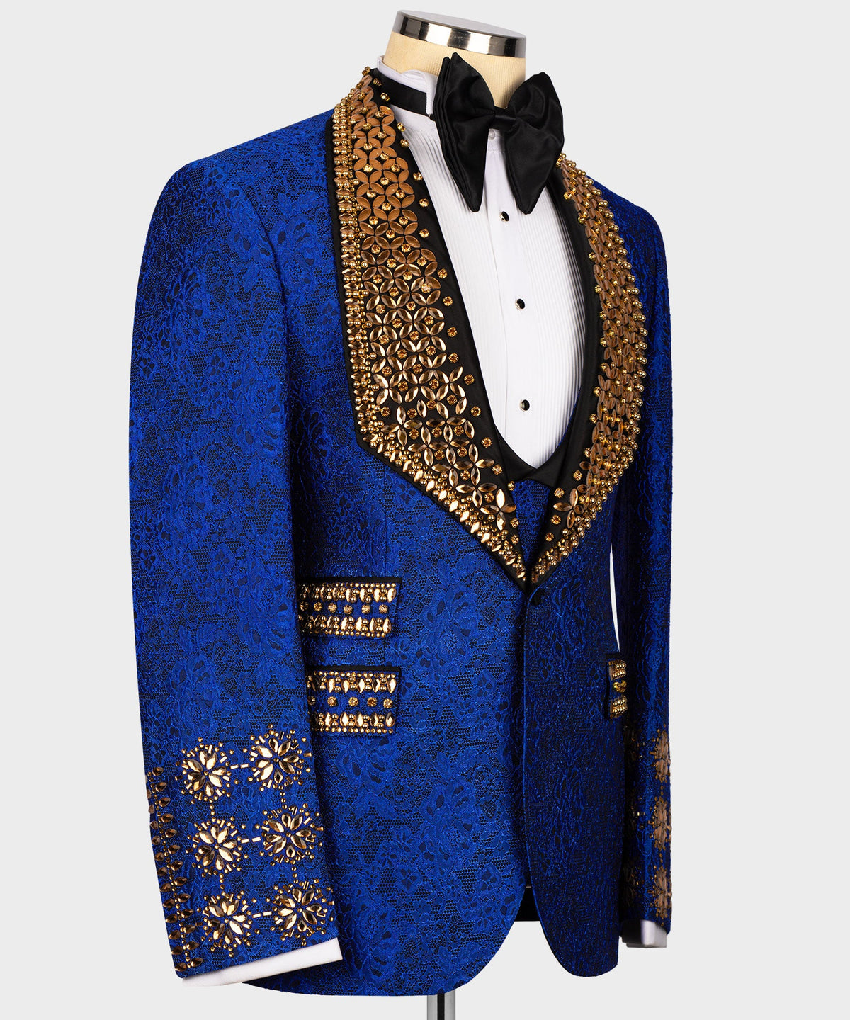 Valerio Milano Men's Gold Gem Stone Blue Special Tuxedo Front One Button W/ Waistcoat Trousers