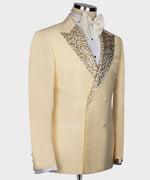 Valerio Milano Men's Gold Gemstone Embriored Light Yellow Tuxedo Custom Desing Vest Suit