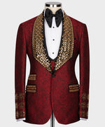 Valerio MilanoMen's Gold Gem Stone Red Laleped Special Tuxedo Custom Desing Vest Suit