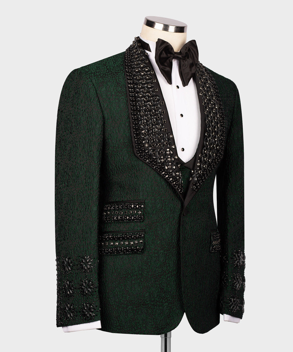 Valerio Milano Men's Black Gem Stone Green Laleped Special Tuxe Vest Suit W/ Pant
