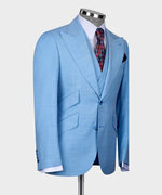 Valerio Milano 3-Piece Italian Men's Suit Blue 3 Side Pockets Triple Classic Suit W/ Straight Leg Trouser