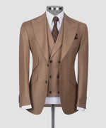 Valerio Milano 3-Piece Italian Men's Suit Camel 100% Wool Classic Pointed Collar Triple Classic Suit W/ Straight Leg Trousers