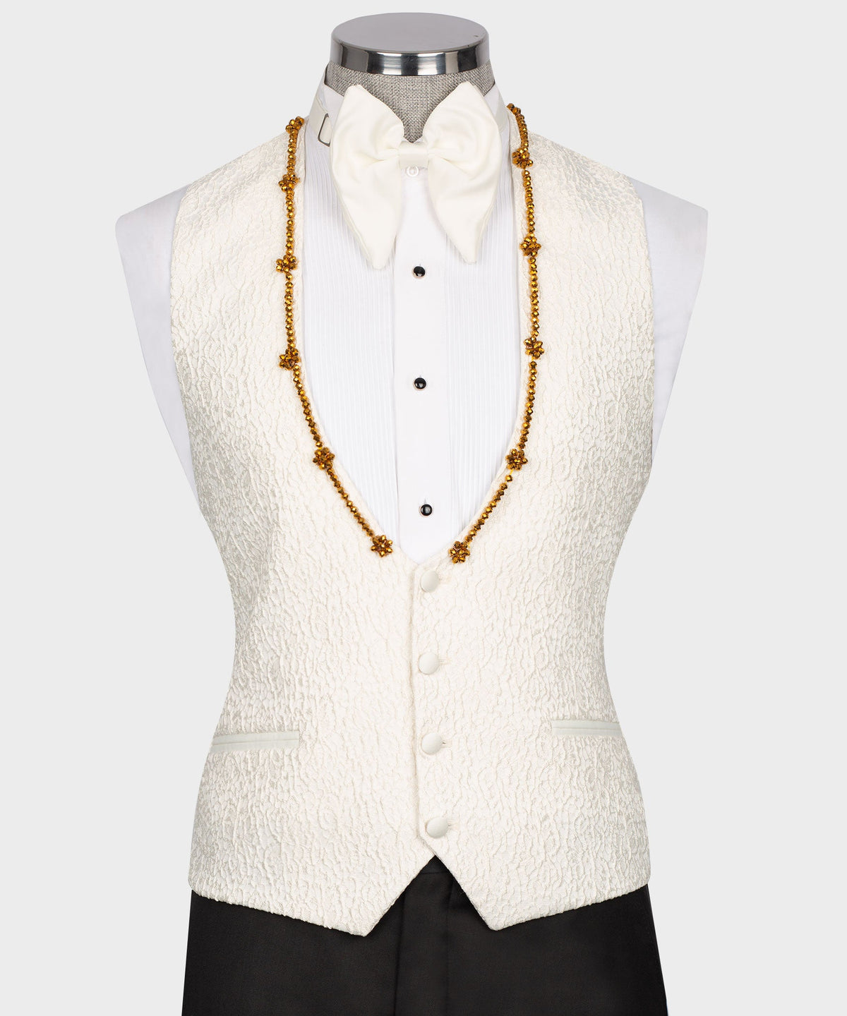 Valerio MilanoMen's Gold Crystal Jewelried Cream Special Tuxedo Custom Desing Vest Suit