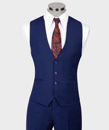 Valerio Milano 3-Piece Italian Men's Suit Blue 100% Wool Pointed Collar Triple Classic Suit W/ Straight Leg Trouser