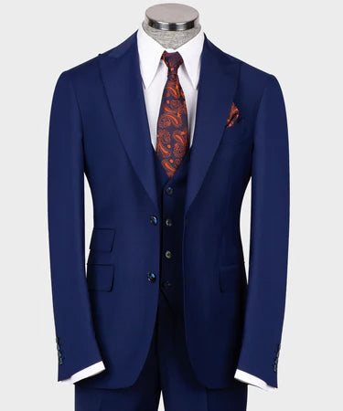 Valerio Milano 3-Piece Italian Men's Suit Blue 100% Wool Pointed Collar Triple Classic Suit W/ Straight Leg Trouser