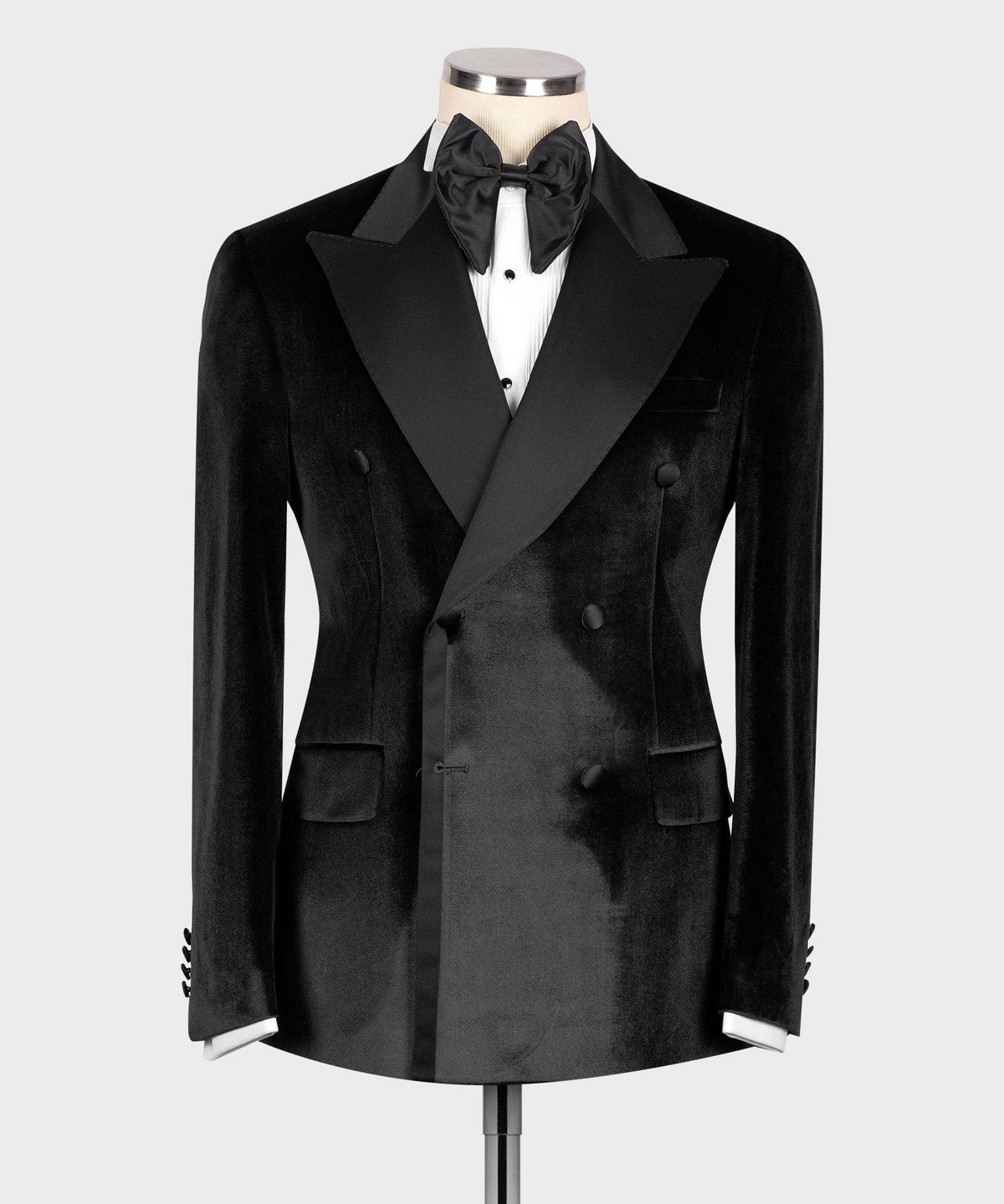 Valerio Milano Men's Black Velvet Satin Apel Double Breasted Tuxedo Straight leg Trousers