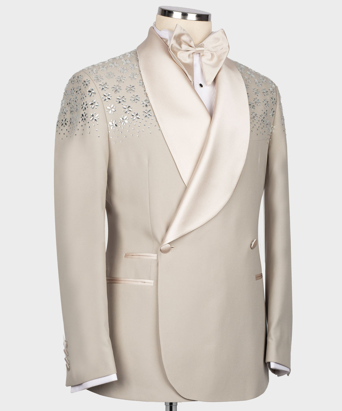 Valerio Milano Men's Cream Tuxeacdo With Stone Embroidery Silk Satin Vest Suit W/ Pant