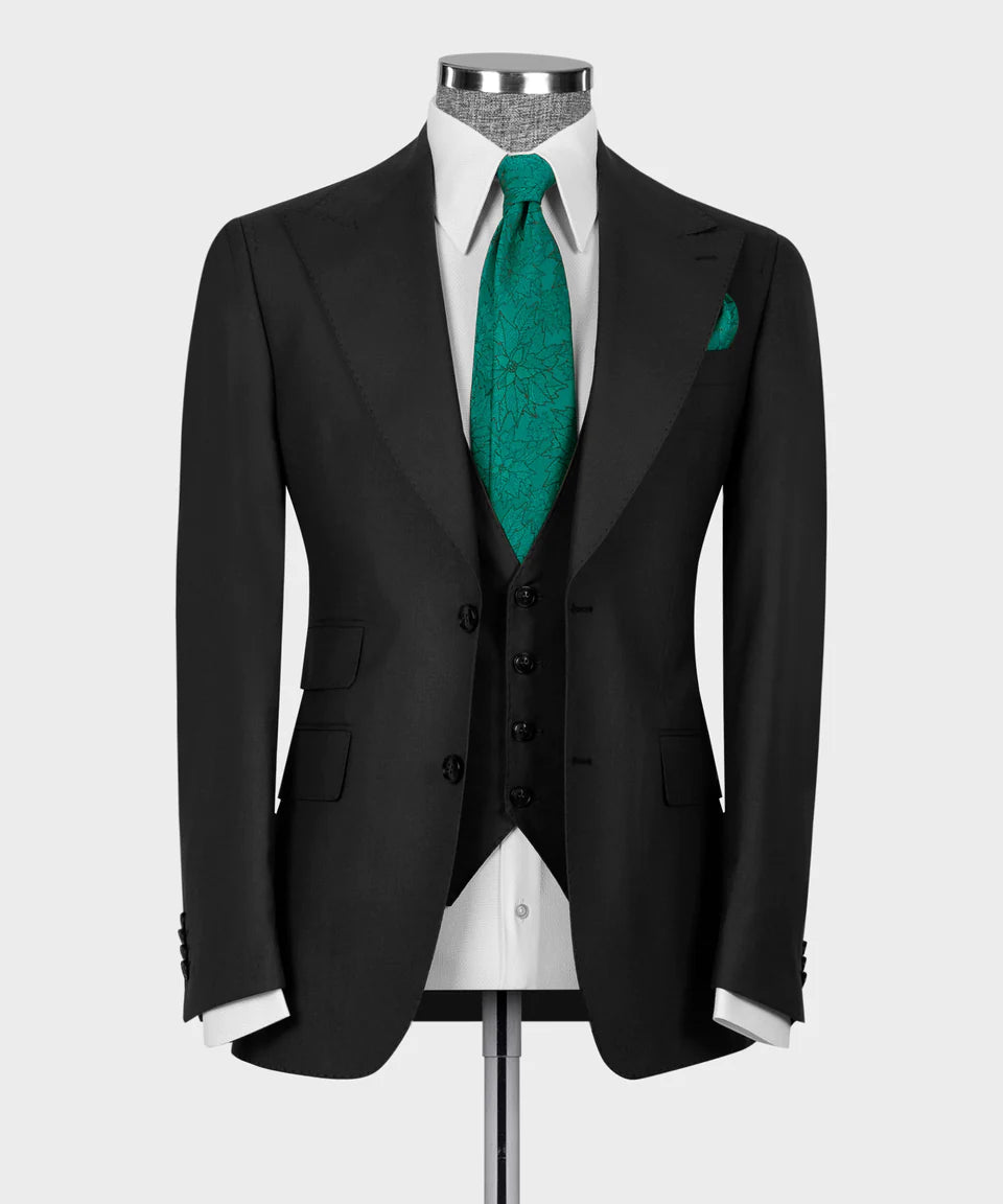 Valerio Milano 3-Piece Italian Men's Suit Black 100% Wool Classic Vest Suit W/ Straight Leg Trousers