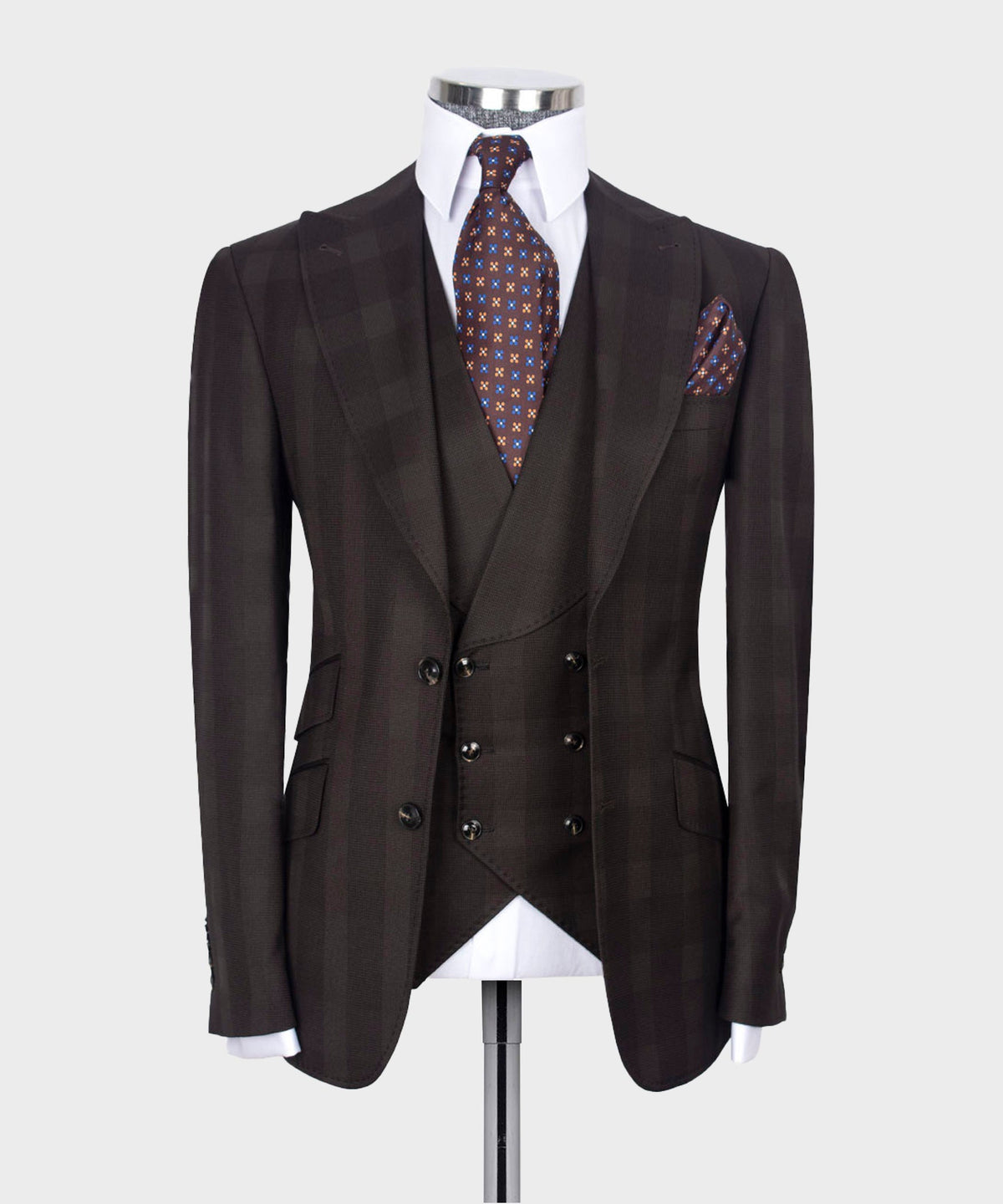 Valerio Milano 3-Piece Italian Men's Suit- Brown 100% Wool Point Seam Classic Suit W/ Straight Leg Trousers