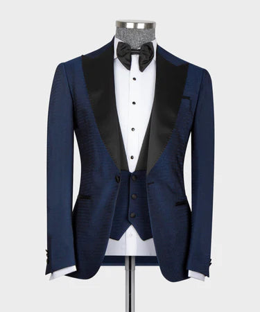 Valerio Milano 3-Piece Italian Men's Suit Navy Blue – Black Lapeled Tuxedo Suit