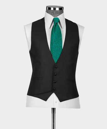 Valerio Milano 3-Piece Italian Men's Suit Black 100% Wool Classic Vest Suit W/ Straight Leg Trousers