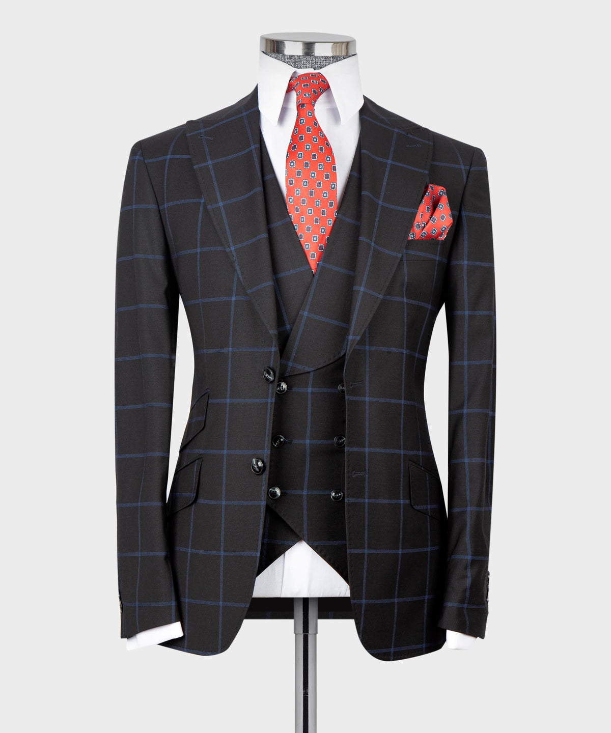 Valerio Milano 3-Piece Italian Men's Suit -Black 100% Wool 2 Front Button Classic Suit Straight Leg Trousers