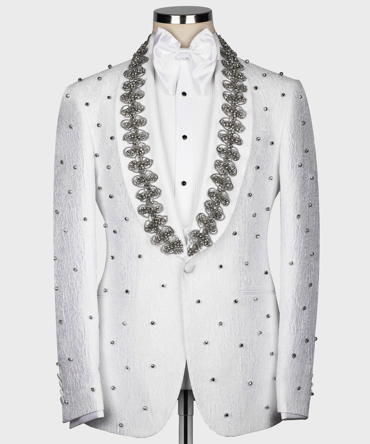 Valerio MilanoMen's Gray Pearl Embroidered Collar White Tuxedo Custom Desing Vest Suit