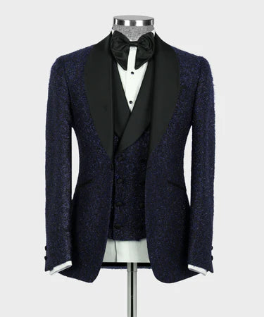 Valerio Milano 3-Piece Italian Men's Suit Dark Blue Glitter Tuxedo Suit