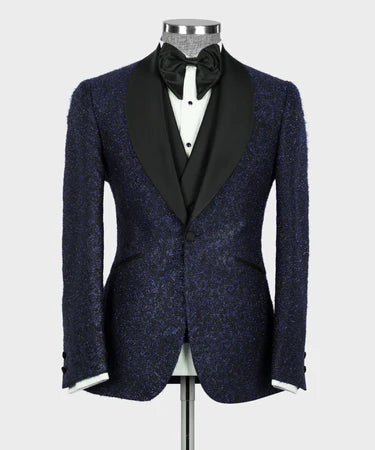 Valerio Milano 3-Piece Italian Men's Suit Dark Blue Glitter Tuxedo Suit