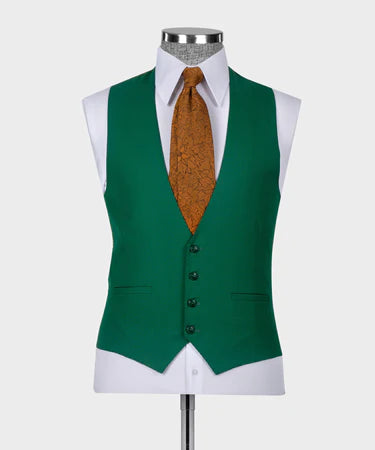 Valerio Milano 3-Piece Italian Men's Suit Green 100% Wool Triple Classic Vest Suit W/ Straight Leg Trousers