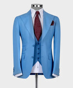 Valerio Milano 3-Piece Italian Men's Suit Blue 100% Wool Classic VestSuit W/ Straight Leg Trousers