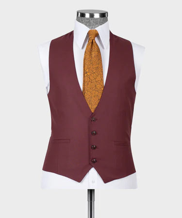 Valerio Milano 3-Piece Italian Men's Suit Burgundy 100% Wool Dot Stitching Classic Vest Suit W/ Straight Leg Trousers