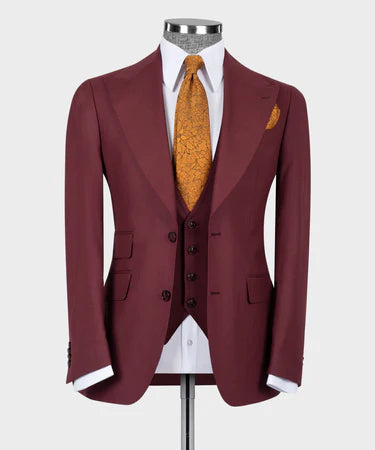 Valerio Milano 3-Piece Italian Men's Suit Burgundy 100% Wool Dot Stitching Classic Vest Suit W/ Straight Leg Trousers