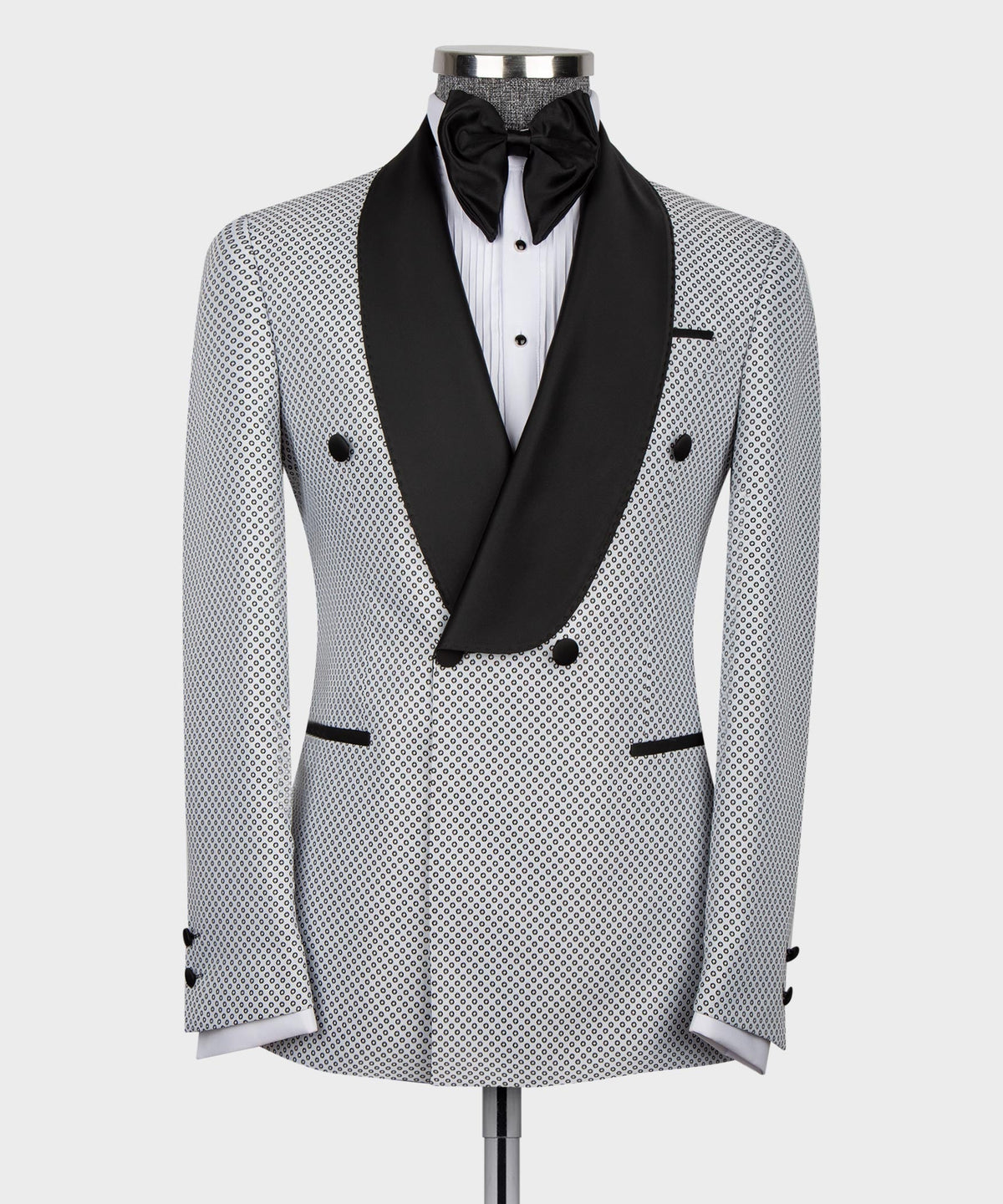 Valerio Milano Men's White Spotted Black Lapeled Double Breasted Classic Tuxedo