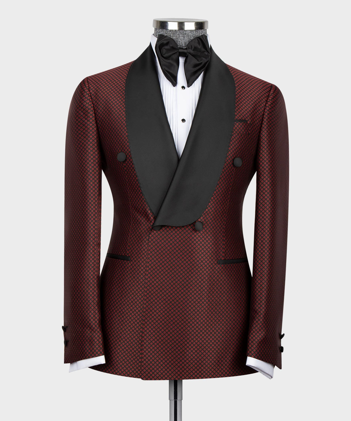 Valerio Milano Men's Red Spotted-Black Lapeled Double Breasted Classic Tuxedo