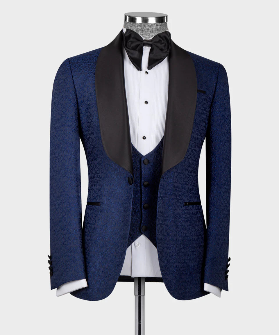 Valerio Milano 3-Piece Italian Men's Suit Blue Tuxedo With Black Satin Collar