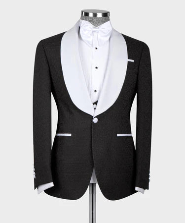 Valerio Milano 3-Piece Italian Men's Suit White Satin Collar Black Tuxedo Suit