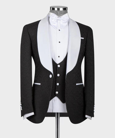 Valerio Milano 3-Piece Italian Men's Suit White Satin Collar Black Tuxedo Suit