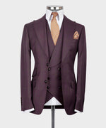 Valerio Milano 3-Piece Italian Men's Suit- Burgundy 100% Wool 3 Side Pockets Classic Suit W/ Straight Leg Trousers