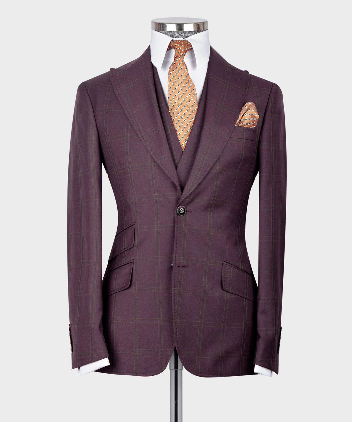 Valerio Milano 3-Piece Italian Men's Suit- Burgundy 100% Wool 3 Side Pockets Classic Suit W/ Straight Leg Trousers