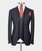 Valerio Milano 3-Piece Italian Men's SuiBlack Plaid 100% Wool Triple Classic Suit W/ Straight Leg Trousers