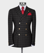 Gray Plaid Six Button Black Double Breasted Suit