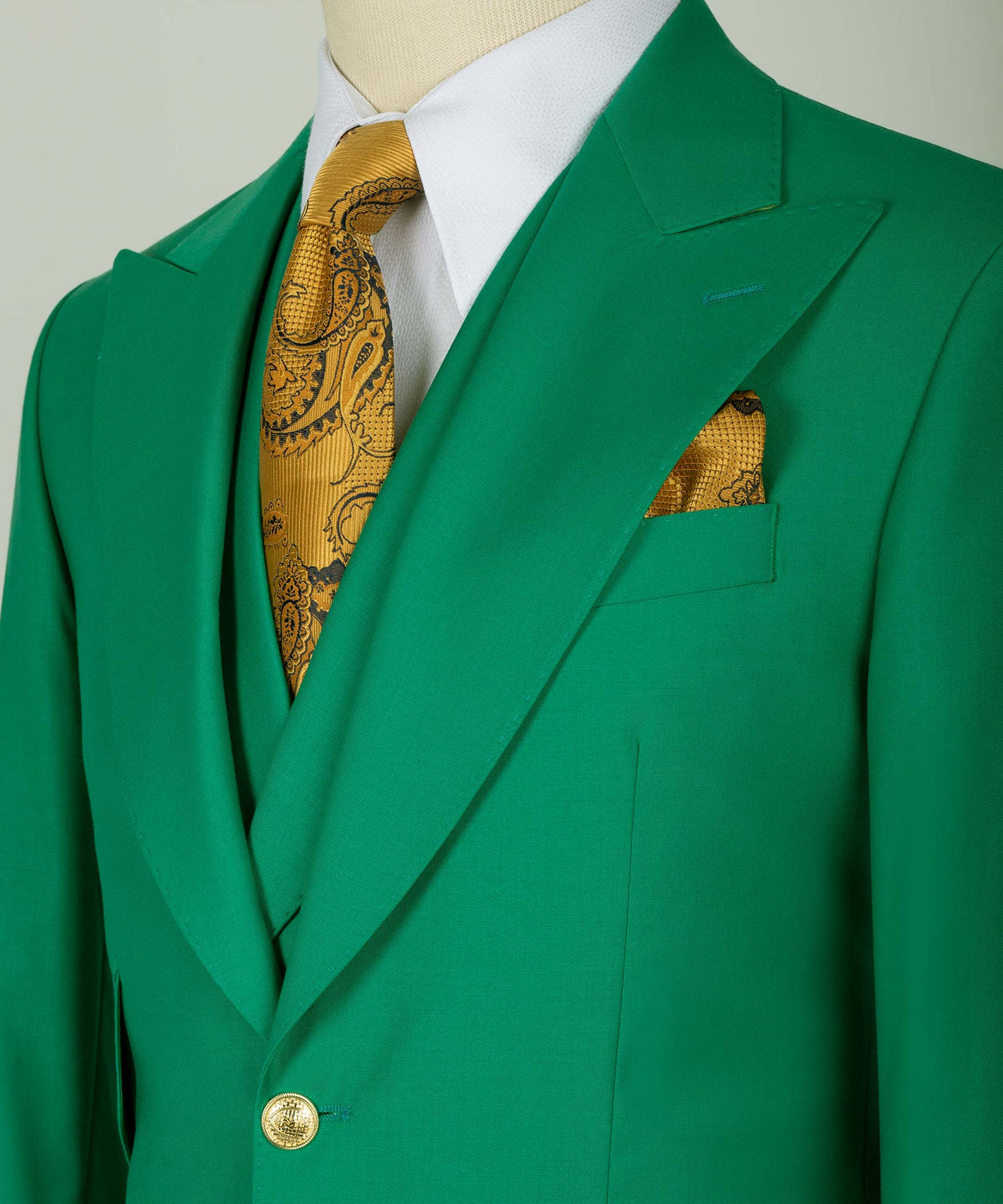 Valerio Milano 3-Piece Italian Men's Suit Green 100% Wool Golden Button Vest Suit Straight Leg Trousers