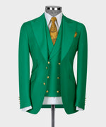 Valerio Milano 3-Piece Italian Men's Suit Green 100% Wool Golden Button Vest Suit Straight Leg Trousers